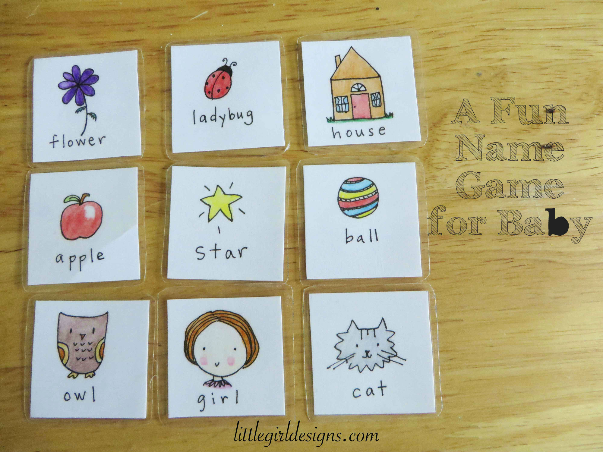 Square cards with sketches of objects for baby to name like cat and girl.