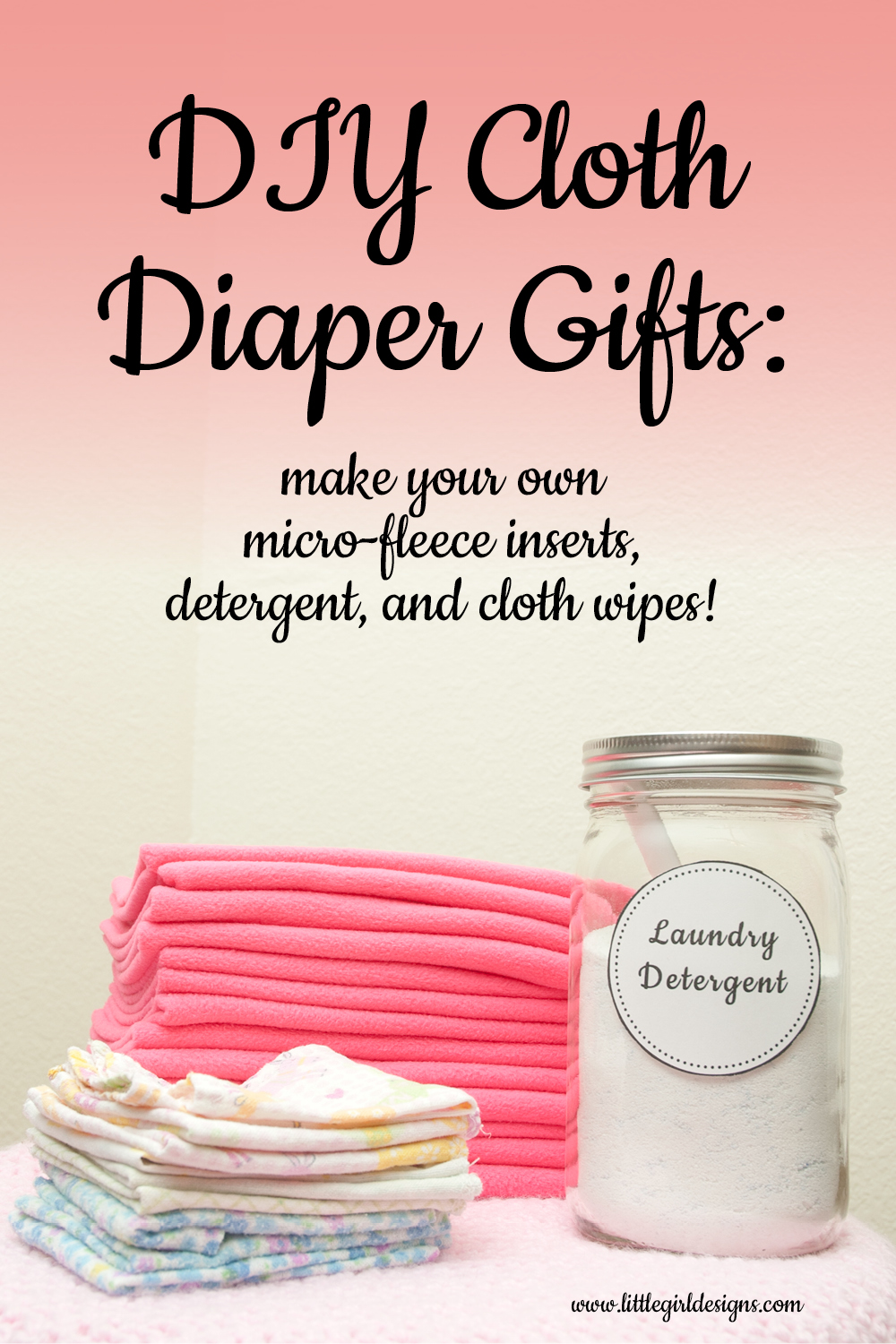 I'll show you how to make your own microfleece inserts, cloth diaper friendly detergent, and cloth wipes. The perfect gift for the new mom who is cloth-diapering! @littlegirldesigns.com